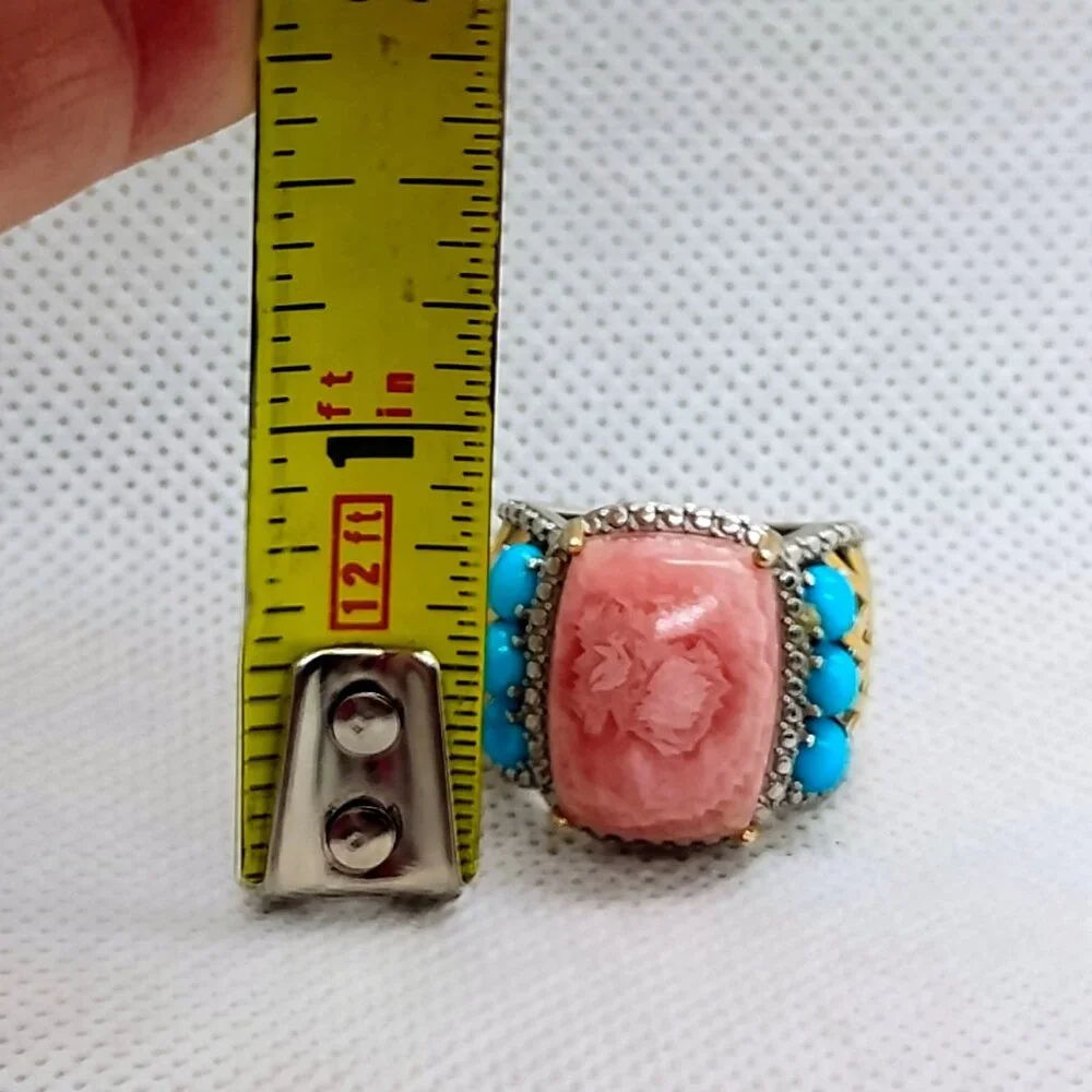 KRH India 925 Sterling Silver Pink Rhodochrosite & Turquoise Ring Size 6 - Picture 4 of 8